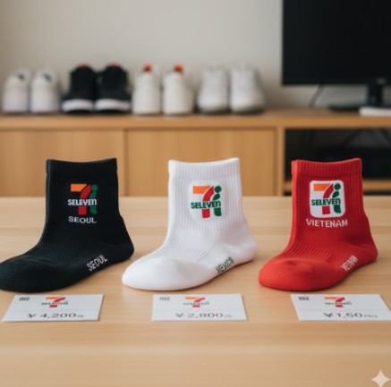 セブンイレブンの限定ロゴソックスがテーブルに並べられ、それぞれの二次流通市場での価格が示されている。黒いソックスには「SEOUL」、白いソックスには「SELEVEN」、赤いソックスには「VIETENAM」のロゴと価格が示されている。