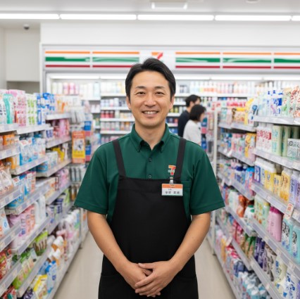 コンビニエンスストアの制服とエプロンを着用し、笑顔でカメラを見つめる日本人男性の店長が、店内の洗剤売り場の通路に立っている。