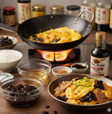 多めの油を使った中華鍋で、卵ときくらげを炒めている調理中の様子。ふわふわの半熟卵ときくらげが鮮やかで、中華料理のスピード感が伝わる画像。