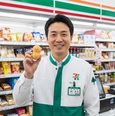 コンビニ店長が店内で「ぴーなっつ最中」を持って笑顔で立つ様子。