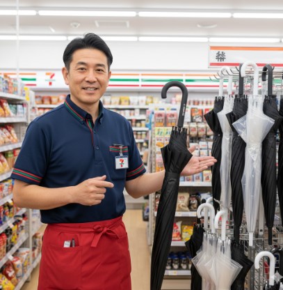 セブンイレブンの店長である齋藤正志が、店内で傘を手に笑顔で立っている。