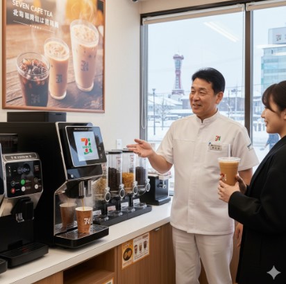 コンビニ店長らしき日本人男性が、セブンイレブンの紅茶マシンとセブンカフェティーの商品ポスターの前で、日本人女性客に紅茶について説明している様子。
