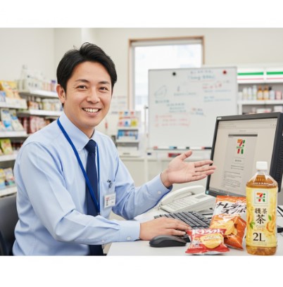 笑顔でパソコンの前に座り、コンビニ商品を紹介する日本の男性店長