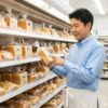 コンビニのパン売り場で商品の品質チェックを行う日本人店長の様子