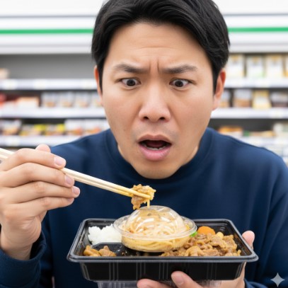 コンビニの弁当容器が底上げされていることに気づき、驚きと不満の表情を浮かべる日本人男性（消費者または店長）のクローズアップ。
