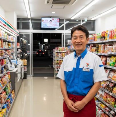 現役の日本人コンビニ店長である齋藤正志が自身の店舗で笑顔で立っている様子。