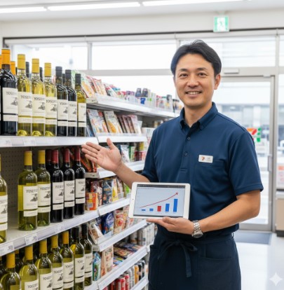 コンビニエンスストアのワイン売り場で、自信を持っておすすめの商品を紹介する日本人男性店長