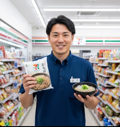 笑顔のセブンイレブン店長が、セブンプレミアムの乾麺そばのパッケージと、湯がいて盛り付けられたざるそばの器を手に持っている。背景にはコンビニエンスストアの商品棚が広がっている。