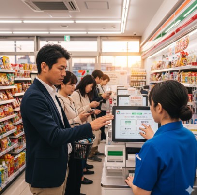 忙しいコンビニのセミセルフレジで会計をする日本人男性。