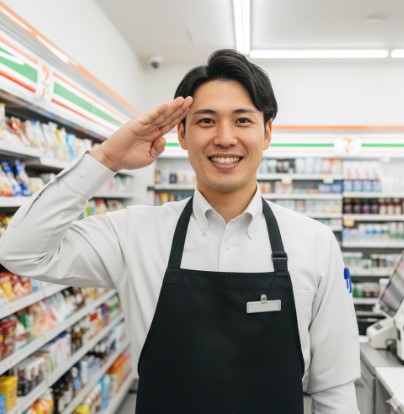コンビニのエプロンを着用し、カウンター内から笑顔で敬礼する現役店長の日本人男性。