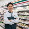現役のセブンイレブン店長である齋藤正志が、店内で腕組みをして微笑んでいる。背景には棚に並んだ健康志向の商品がぼんやりと見える。