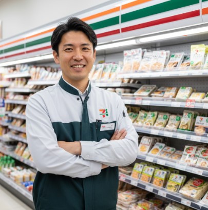 現役のセブンイレブン店長である齋藤正志が、店内で腕組みをして微笑んでいる。背景には棚に並んだ健康志向の商品がぼんやりと見える。