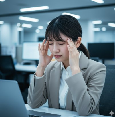 突然の激しい頭痛に苦しみ、オフィスでこめかみを押さえている日本人女性の画像。緊急で薬を探す状況を表現。