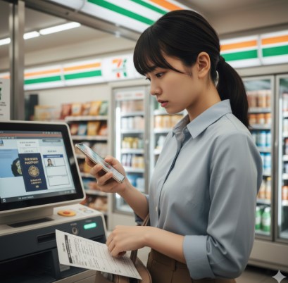 コンビニのマルチコピー機でパスポート用の証明写真を印刷する日本の若い女性