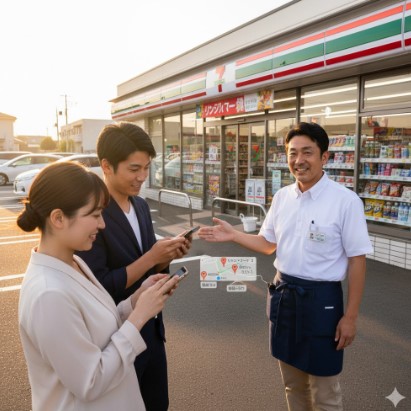 コンビニエンスストアの店長が、スマートフォンで地図アプリを見ている若い夫婦に、セブンイレブンの場所を案内している様子。