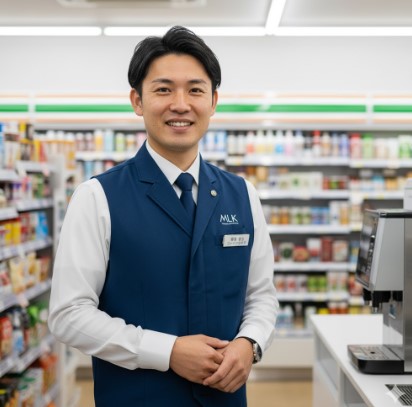 現役コンビニ店長である運営責任者・齋藤正志の紹介。読者への信頼性と安心感を与える、プロフェッショナルな日本人の店長のイメージ。