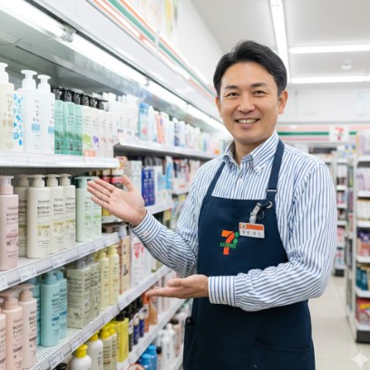 笑顔でセブンイレブンのシャンプー棚を案内する日本人男性のコンビニ店長。