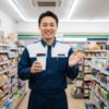 コンビニの店長であるアジア人男性が、店舗内で温かい紅茶を片手に笑顔で立っている。清潔感のある制服を着用し、背景には商品の陳列棚がぼんやりと見える。