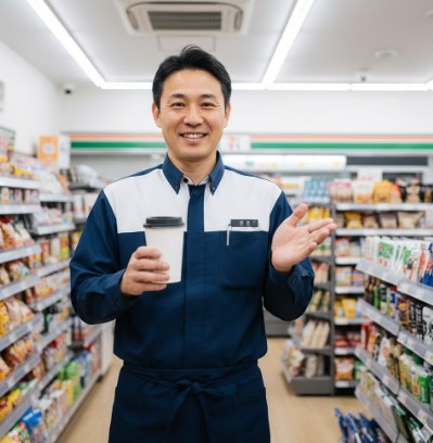 コンビニの店長であるアジア人男性が、店舗内で温かい紅茶を片手に笑顔で立っている。清潔感のある制服を着用し、背景には商品の陳列棚がぼんやりと見える。