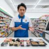 コンビニの制服を着た日本人男性（店長）が、カウンター越しに購入されたコンビニおにぎりや弁当を指差しながら、困惑した表情で消費者に向かって話している様子。背景にはコンビニの店内。