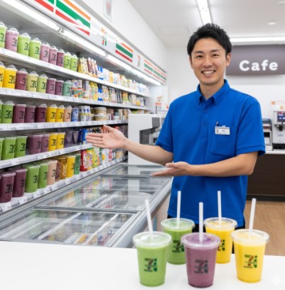 セブンイレブンの店長が、スムージーが並ぶ冷凍ケースの前で笑顔で説明している。手前には完成した様々なスムージーが並び、店内奥にはセブンカフェの機械が見える。