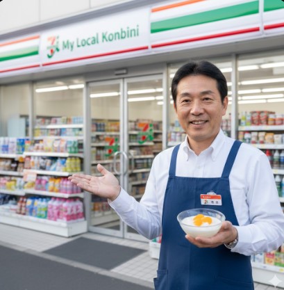 現役の日本人コンビニ店長が、自身で作成したセブンイレブン風牛乳寒天を手に笑顔でポーズをとる。背景にはコンビニエンスストアの入り口がある。