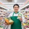 コンビニエンスストアの店内で、緑のエプロンを着用した笑顔のアジア人男性店長が、片手に新鮮な野菜バスケットを、もう片方の手にコンビニの野菜スティックとディップソースのパッケージを持って立っている。