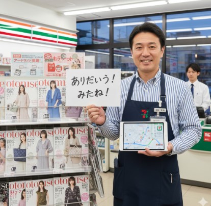 現役のコンビニ店長である日本人男性が、自身の運営するブログ「マイローカルコンビニ」について紹介している様子。
