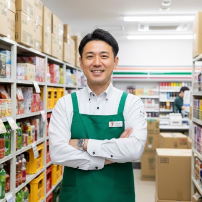笑顔でコンビニの制服を着た日本人男性店長が、バックヤードの棚を背景に立っている