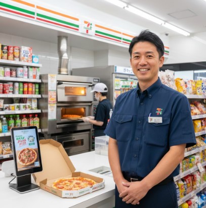 セブンイレブンのカウンターで、焼き立てのピザを前に笑顔で立つ日本人男性店長。背景には専用オーブンと、ピザを準備する日本人店員が見える。