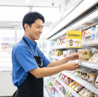 コンビニの店長らしき日本人男性が、朝の店舗で「3日間限定」と書かれたポップ付きのスイーツ棚をチェックしている様子。限定スイーツの入荷時間を狙う重要性を示唆。