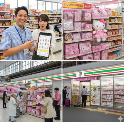 セブンイレブンの制服を着た日本人店長が、公式アプリの在庫検索機能を使って商品の場所を説明している様子。E-E-A-T（専門性、経験、権威性）の向上を示す画像。