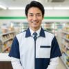 清潔感のあるユニフォームを着用し、カウンターで笑顔を見せる日本人コンビニ店長のポートレート