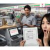 コンビニ店長がマイナンバーカードを持ち、セブンイレブンのマルチコピー機の前で案内する様子。