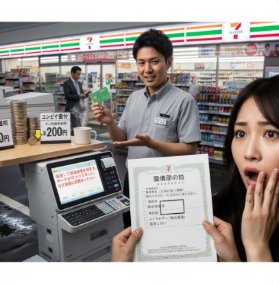 コンビニ店長がマイナンバーカードを持ち、セブンイレブンのマルチコピー機の前で案内する様子。