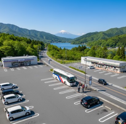 清潔なコンビニの店内で、店長の制服を着た日本人男性が笑顔で迎えている様子。