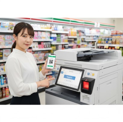 セブンイレブンのマルチコピー機とスマートフォンを並べた、ネットプリントのやり方を象徴する画像