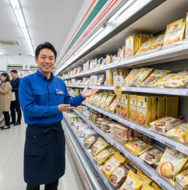 笑顔で「金シリーズ」の商品棚を指し示すセブンイレブンの日本人店長。