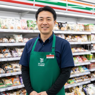 笑顔でコンビニエンスストアの店内（おにぎりコーナー）に立つ日本人男性店長。緑色のエプロンを着用し、腕を組んでカメラ目線。
画像2