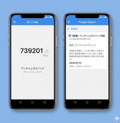銀行アプリの6桁の数字と、給与明細システムのメール認証コードの役割の違いを示す図。