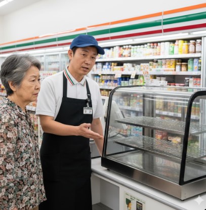 コンビニエンスストアで、空になったホットスナックの保温ケースを指差し、説明する日本人男性の店長と、それを見る年配の日本人女性客
