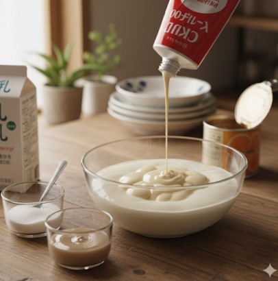 木製のテーブルの上で、牛乳寒天の材料を準備している様子。透明なボウルに牛乳を入れ、その上から練乳のチューブを絞り入れている。隣には牛乳パックと砂糖の入ったグラスが置かれている。