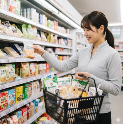 コンビニで商品を選んでいる若い日本人女性。買い物カゴにはダイエット商品が入っている。