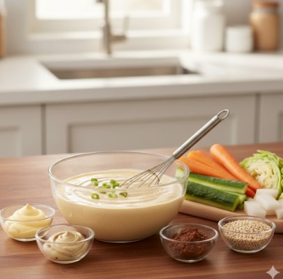 明るいキッチンのカウンターで、ガラス製のボウルに入った自家製味噌マヨソースと泡立て器が中心に置かれている。周りには、小皿に入ったマヨネーズ、味噌、七味唐辛子、すりごまなどの材料と、カットされた人参、きゅうり、キャベツ、大根の野菜スティックが木製のカッティングボードに並べられている。