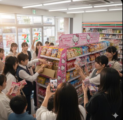 セブンイレブンで人気のハローキティコラボキャンペーンが始まる午前7時の様子を描写。開始直後の激しい争奪戦の状況を示す画像。