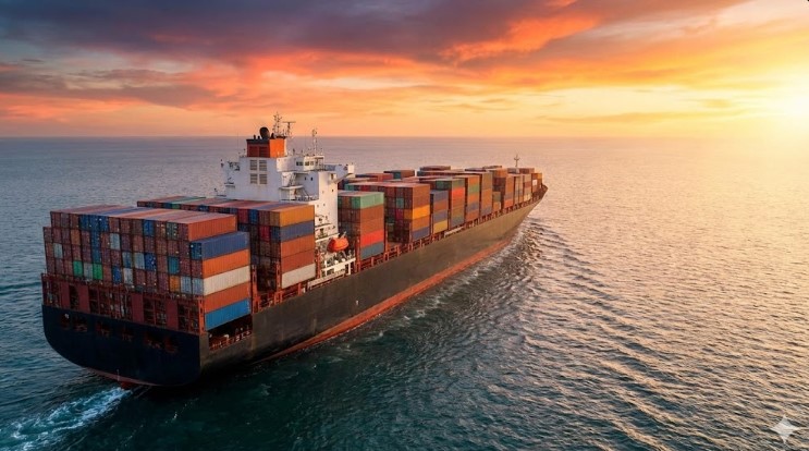 夕暮れの海を航行する満載のコンテナ船、国際的な物流とサプライチェーンのイメージ