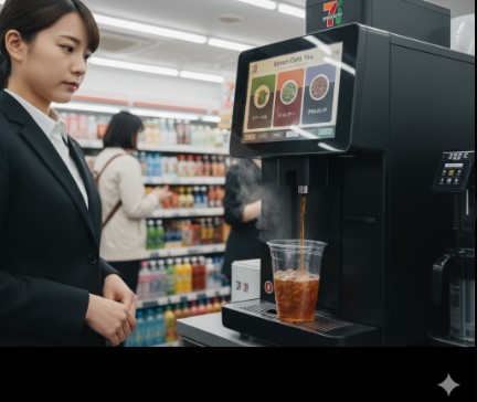 オフィス街のセブンイレブン店内で、若い日本人女性会社員がセブンカフェのティーマシンでアイスティーを淹れている。