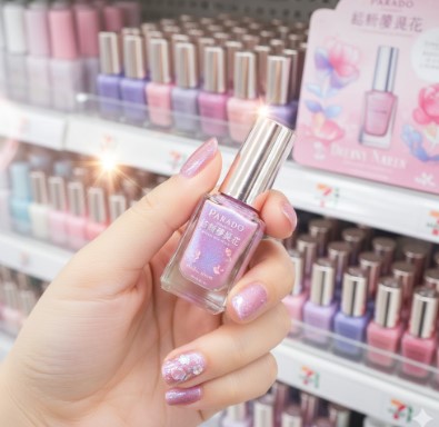 女性が手に持ったセブンイレブンのパラドゥ「幻想夢見花」ネイルカラーのボトルと、その色に塗られた指先。背景にはセブンイレブンのネイルコーナーがぼやけて見える。