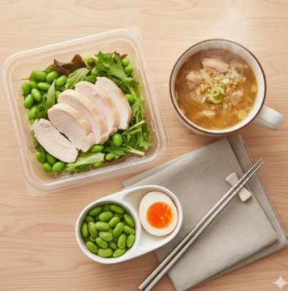 木目のテーブルに置かれた、セブンイレブンのサラダチキン、枝豆とゆで卵の小鉢、そしてもち麦入り参鶏湯スープのヘルシーなランチセット。
