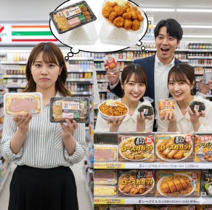 コンビニ店内で、増量キャンペーンについて期待とがっかりした様子の日本人消費者の対比